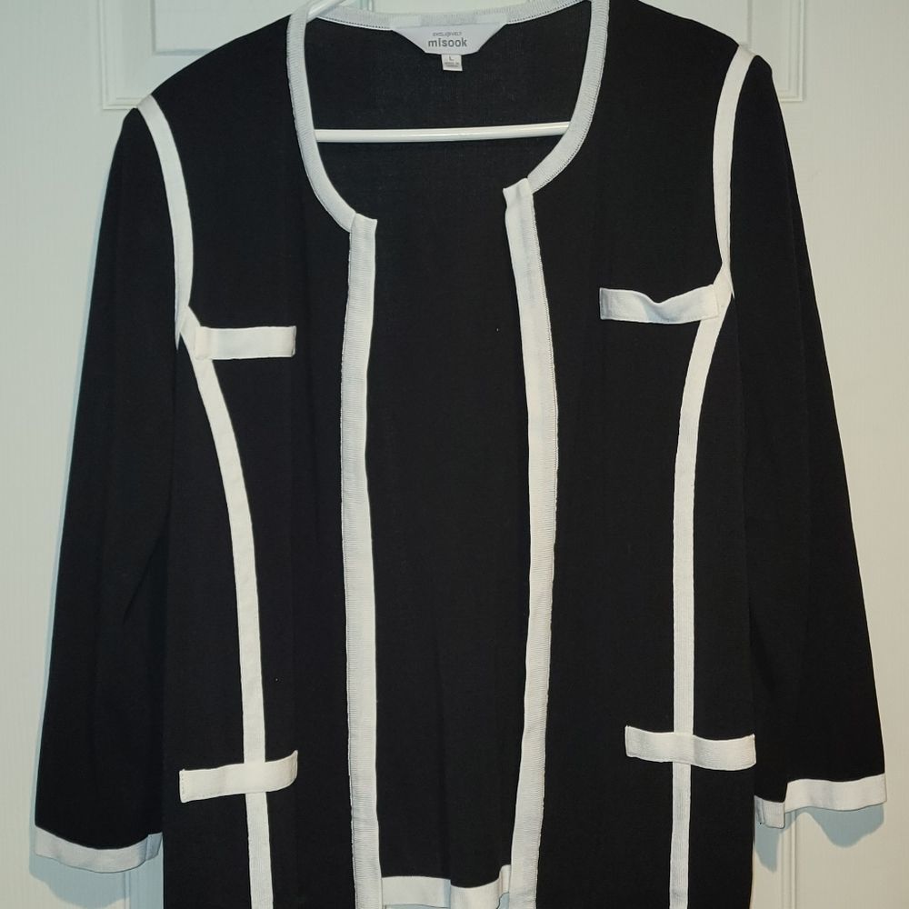 Exclusively Misook Womens Black w White Trim Open Front Cardigan Large